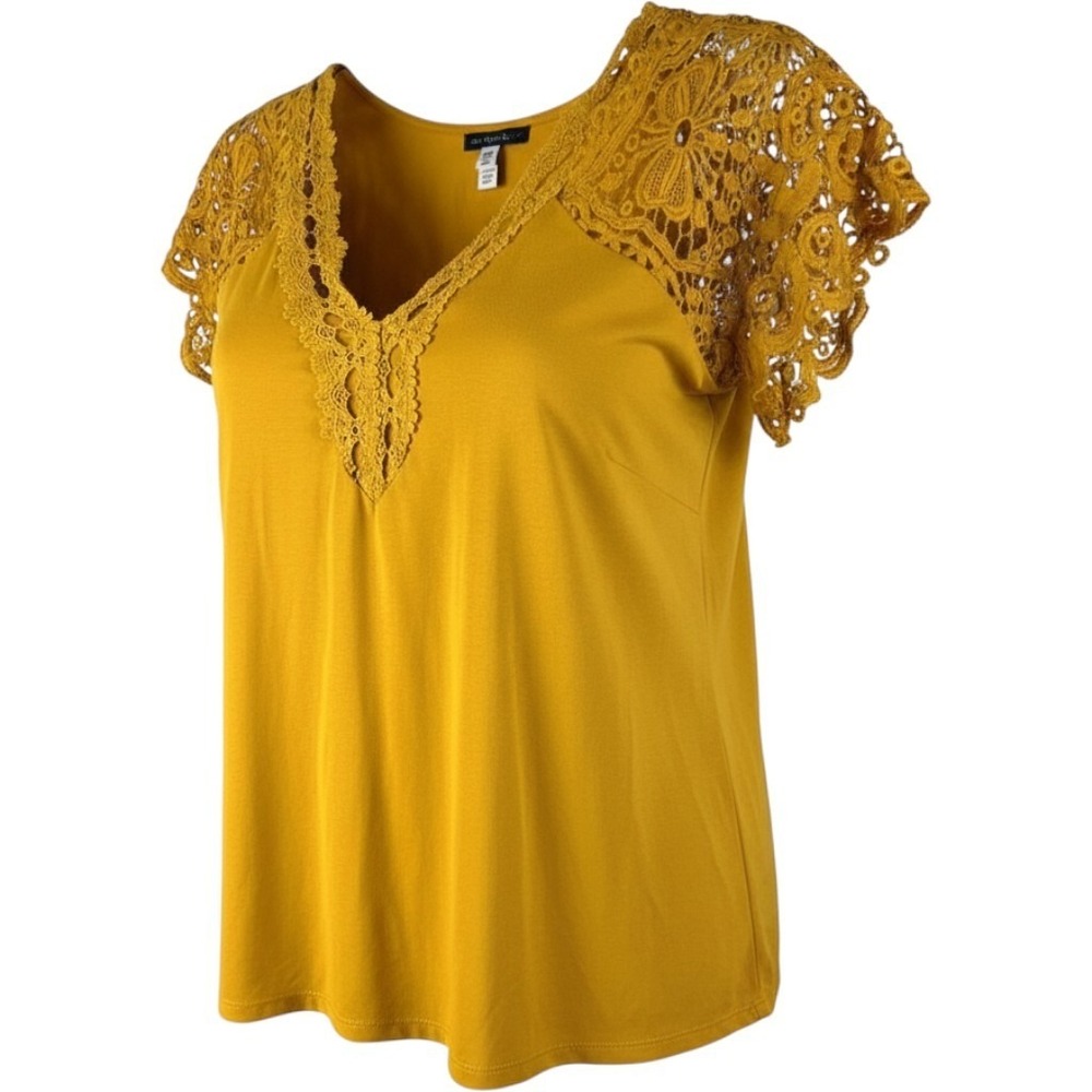 Shein Curve Blouse Womens 2XL Yellow Lace Crochet V-Neck Short Sleeve Top